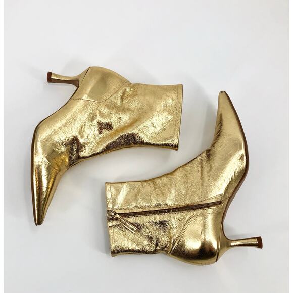 Zara Metallic Gold Leather Kitten Heel Booties Shiny Pointed Toe Boots Size 39/8 - Picture 5 of 11